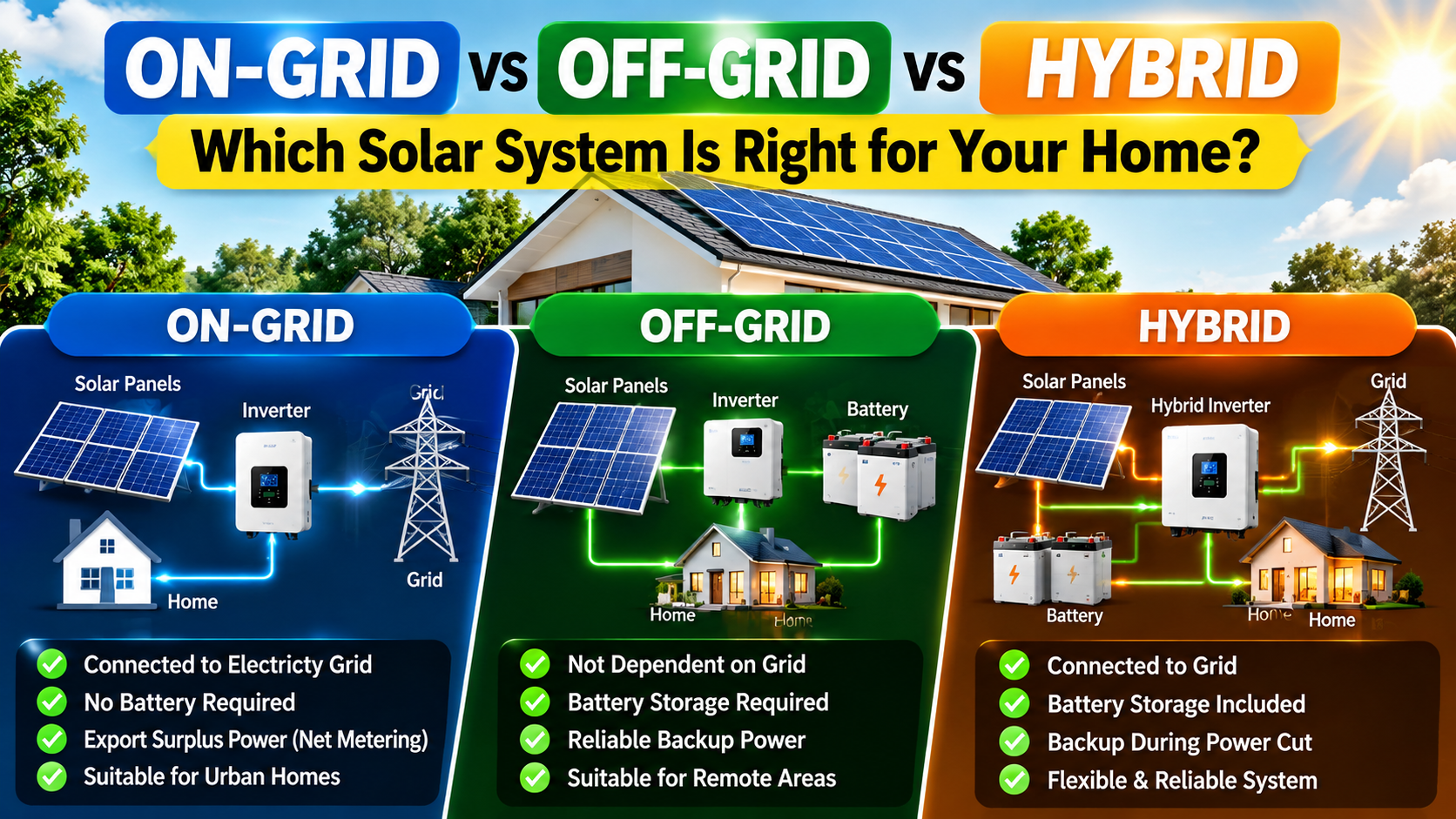 On-Grid vs Off-Grid vs Hybrid Solar System: Which Solar System Is Right for Your Home?